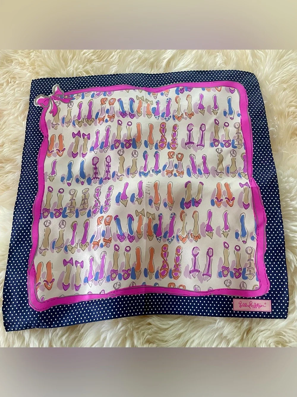 Lilly Pulitzer Vintage Shoe Print Square Silk Scarf Pink Navy Polka Dots EUC 18”